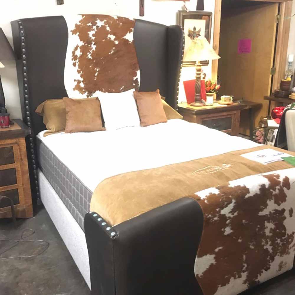 Queen Wing Bed With Cowhide And Tooled Leather Headboard